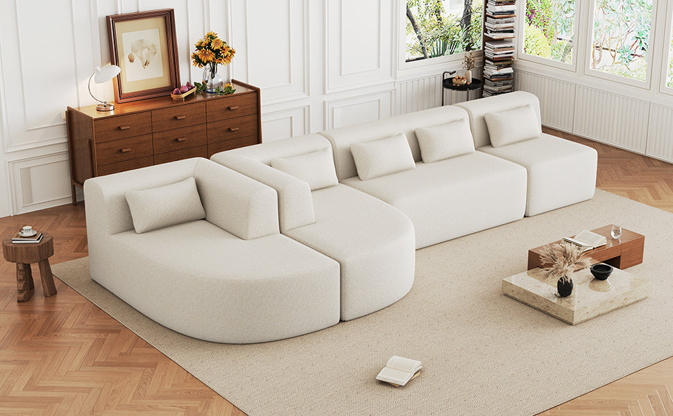 143.7" Upholstered Sofa Free-combined Sofa Couch with Two Chaise Lounge and Five Back Pillows for Living Room, Beige