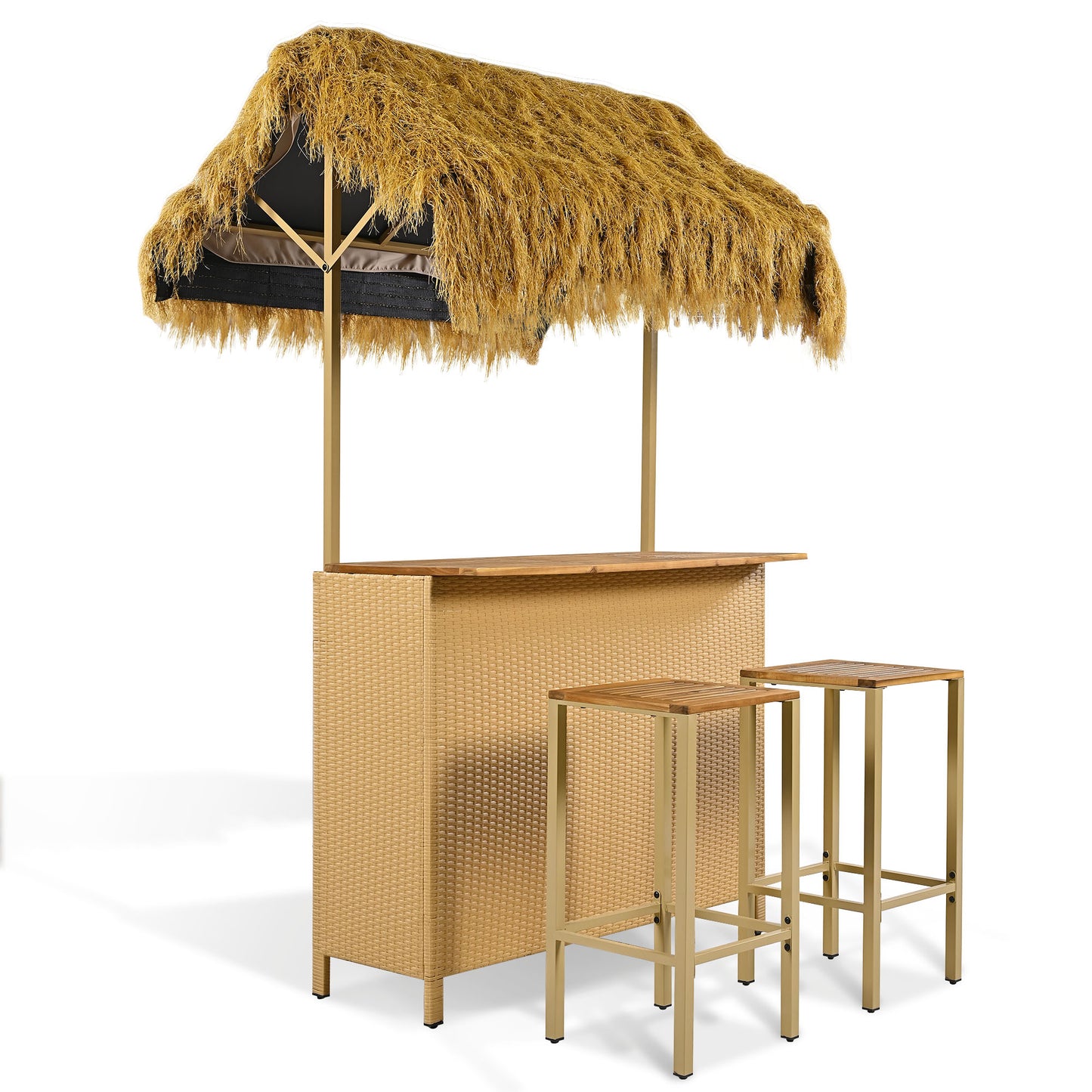 GO Hawaiian-style Bar Height Patio Set with PE Grass Canopy, Outdoor Bar Table and Stools with Adjustable Feet, Acacia Wood Top, for Dining and Drinking, Natural