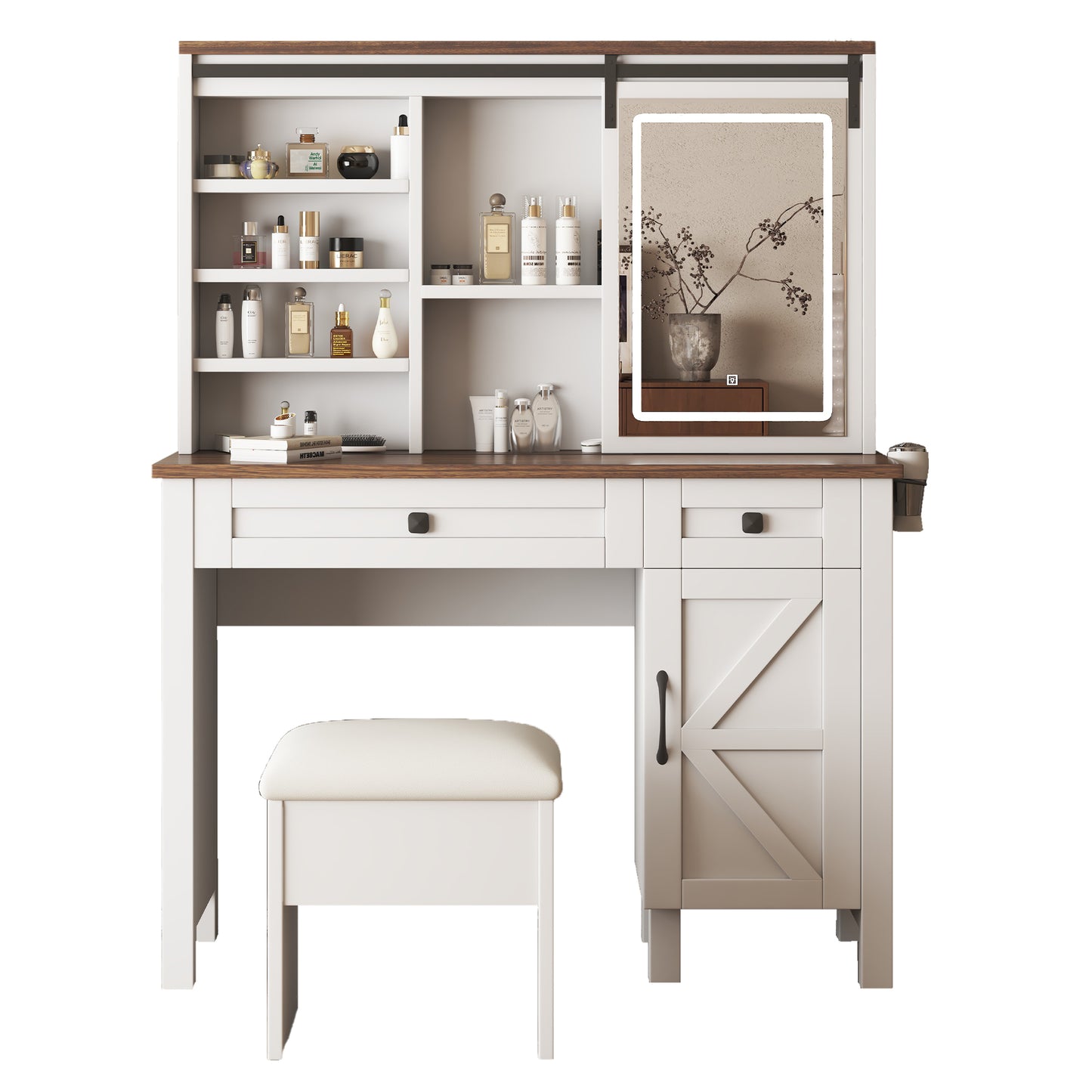 Farmhouse Makeup Vanity Desk with Sliding Mirror and Lights and Hairdryer holder and charging socket Multilayer storage Shelves,and 2 drawer and big storage cabinet Rustic Big Vanity Set for Bedroom