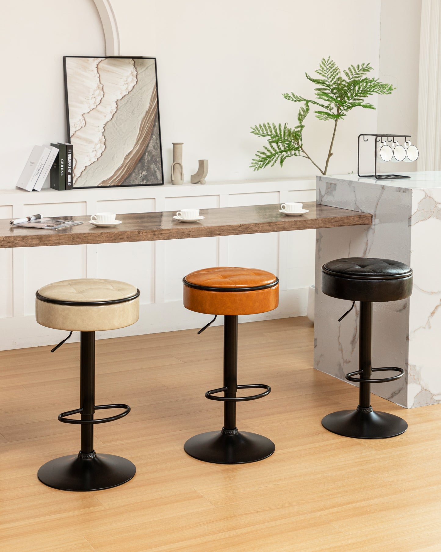 Round Storage Bar Stool Set of 2, Black Faux Leather Height Adjustable Barstool, 360°Counter Height Swivel Stool, Armless Bar Chair with Metal Frame for Kitchen Counter Dining Living Room