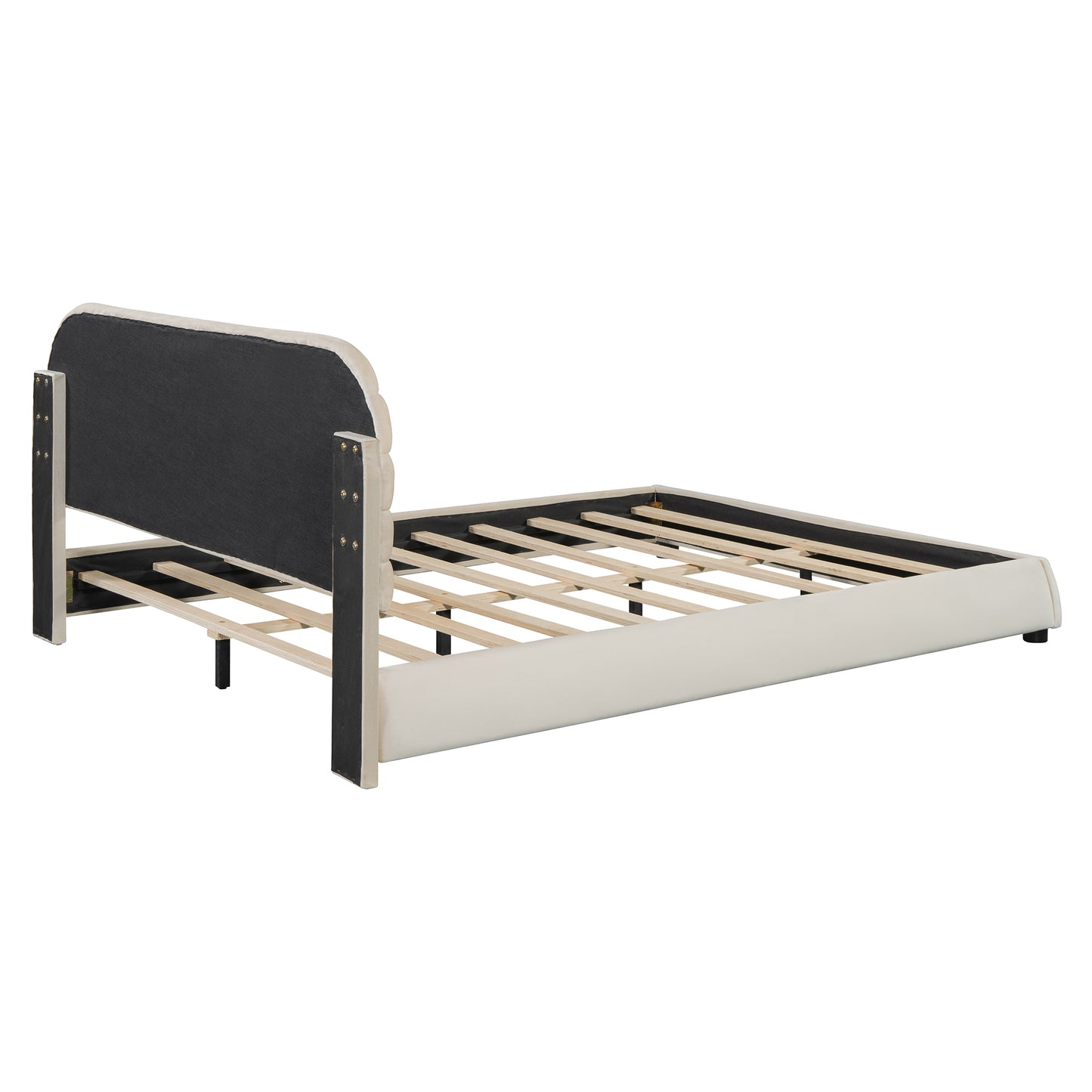 Queen Size Velvet Upholstered Platform Bed,Solid Frame and Stylish Curve-shaped Design, Beige