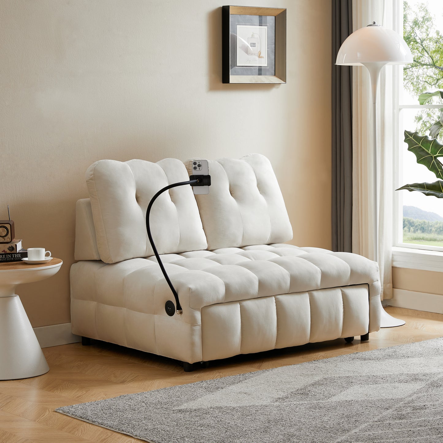 Modern sofa velvet pull-out bed,Independently removable backrest, have USB port and swivel phone stand ,beige