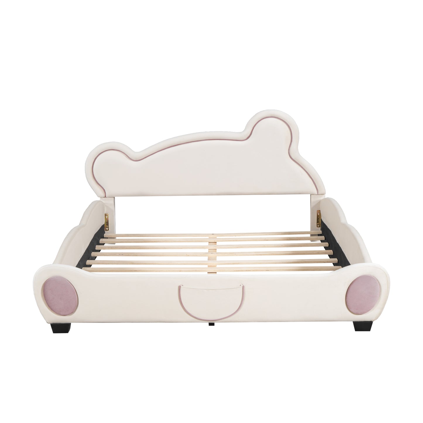 Queen Size Velvet Platform Bed with Bear-Shaped Headboard, with Bed-End Storage Pocket, Beige