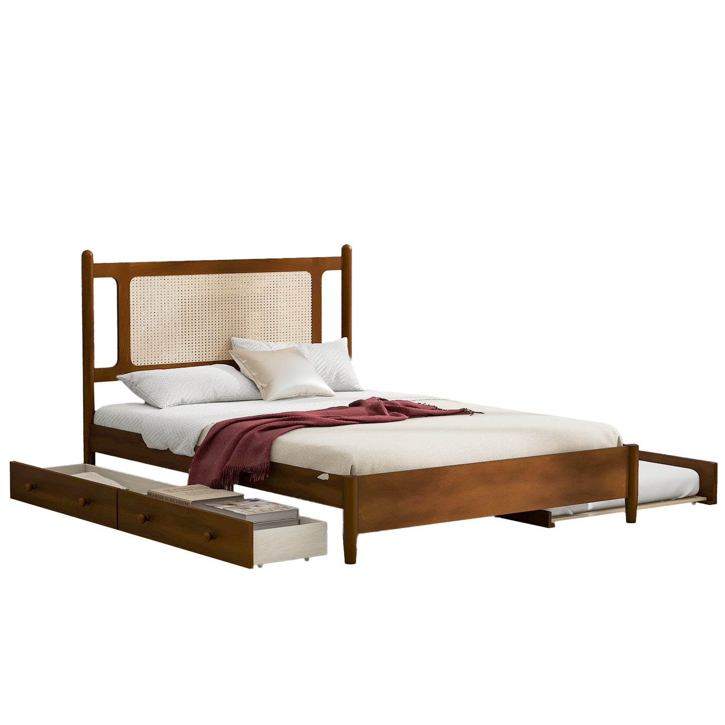 Queen Size Wooden Rattan Platform Bed, with 2 Big Drawers, T Size Trundle, Brown