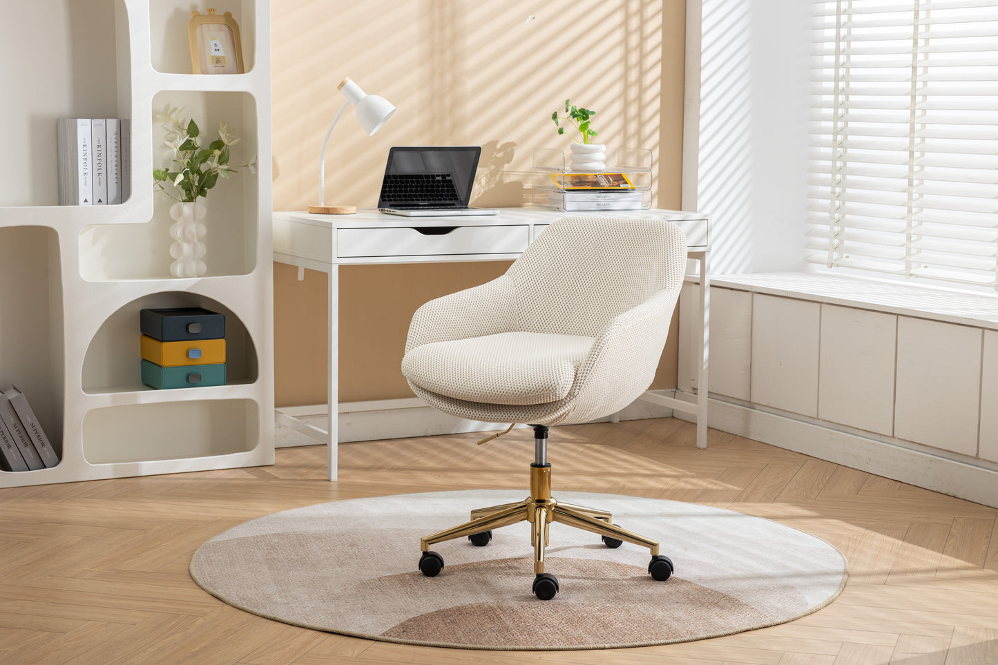 046-Mesh Fabric Home Office 360°Swivel Chair Adjustable Height With Gold Metal Base,Beige