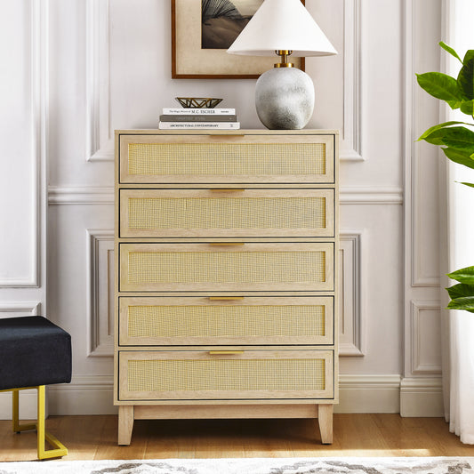 Bedroom 5 drawer dresser, rattan dresser modern wooden chest of drawers with spacious storage space for bedroom hallway living room