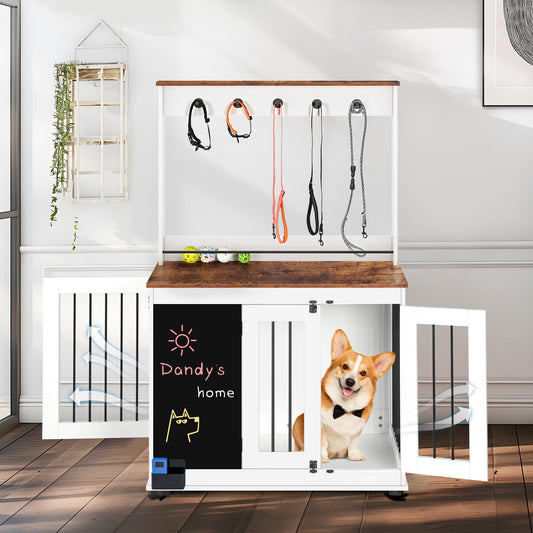 Dog crate,Graffiti dog cage, kennel with double doors, crate interior furniture, heavy wooden dog cage, large dog, white