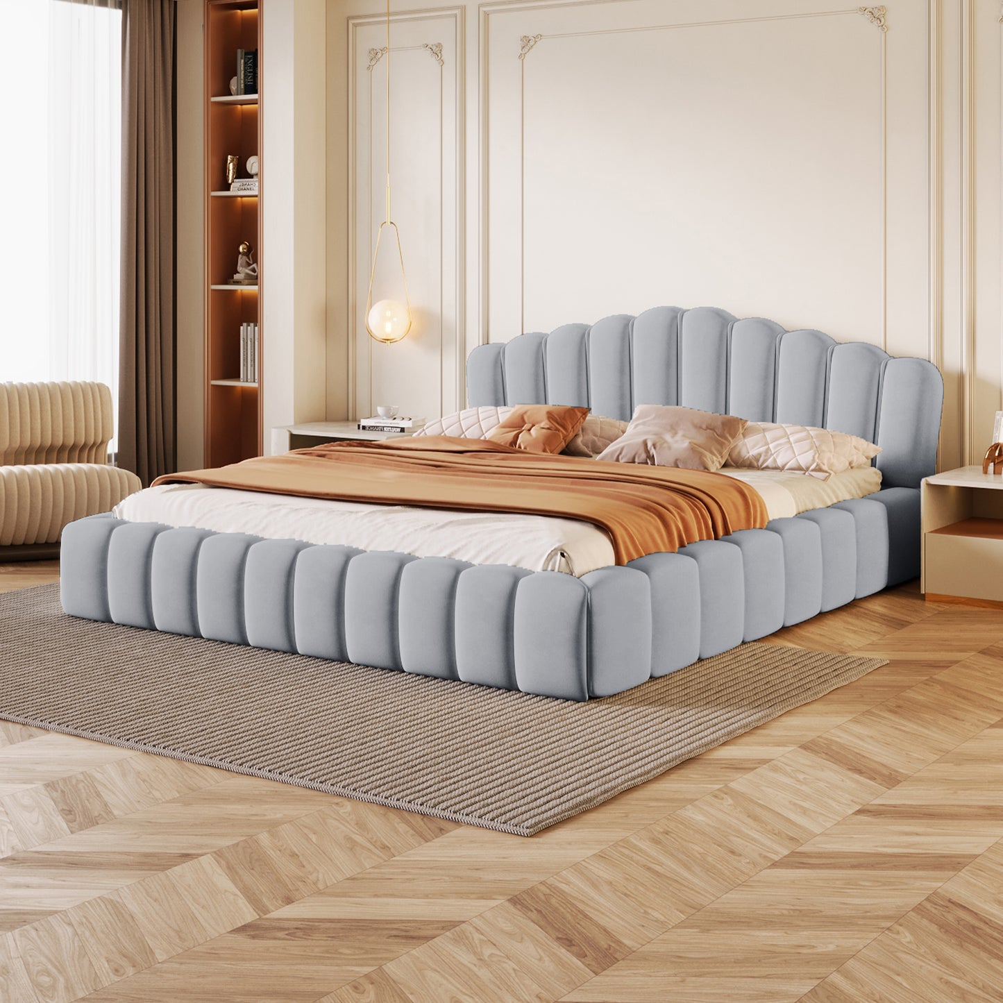 （缺货）Velvet Upholstered Queen Bed Floor Bed Frame Shell-Shaped Headboard for Bedroom,No Box Spring Needed,Light Blue