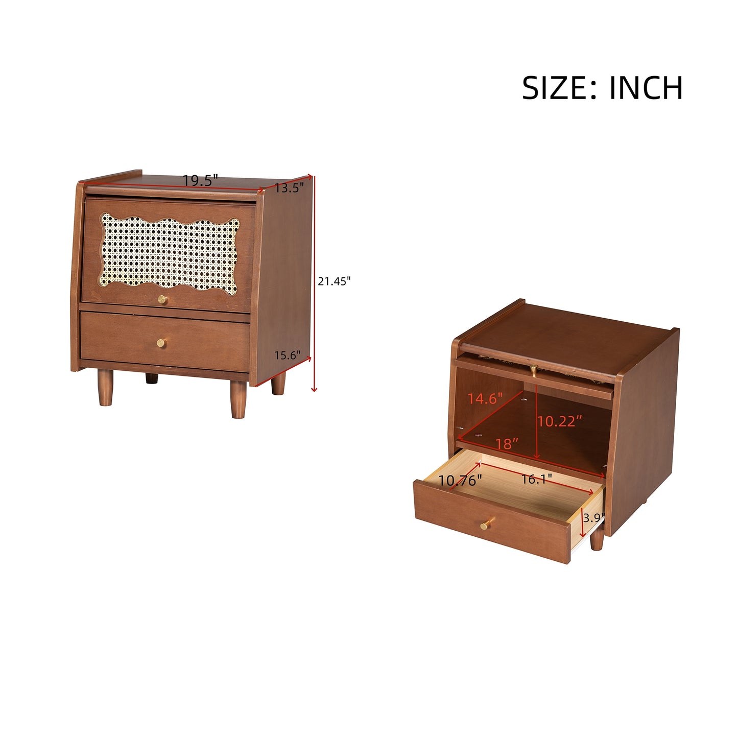 Wooden Nightstand with Rattan-Woven Storage Cabinet and 1 Drawer, Exquisite Elegance with Natural Storage Solutions for Bedroom, Walnut