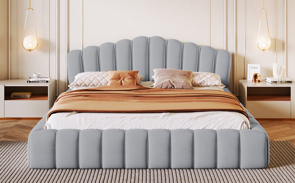 （缺货）Velvet Upholstered Queen Bed Floor Bed Frame Shell-Shaped Headboard for Bedroom,No Box Spring Needed,Light Blue