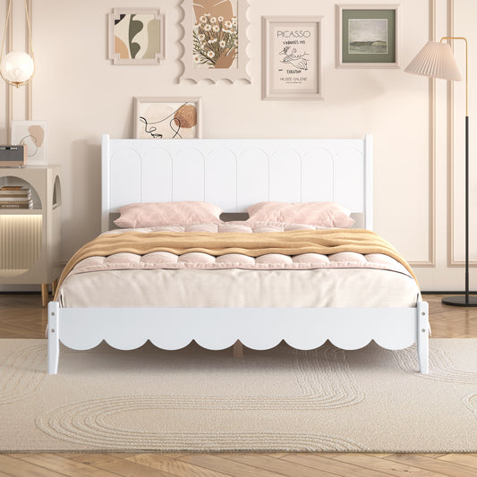 Queen Size Wood Platform Bed Frame, Retro Style Bed with Rectangular Headboard,No Need Box Spring,White