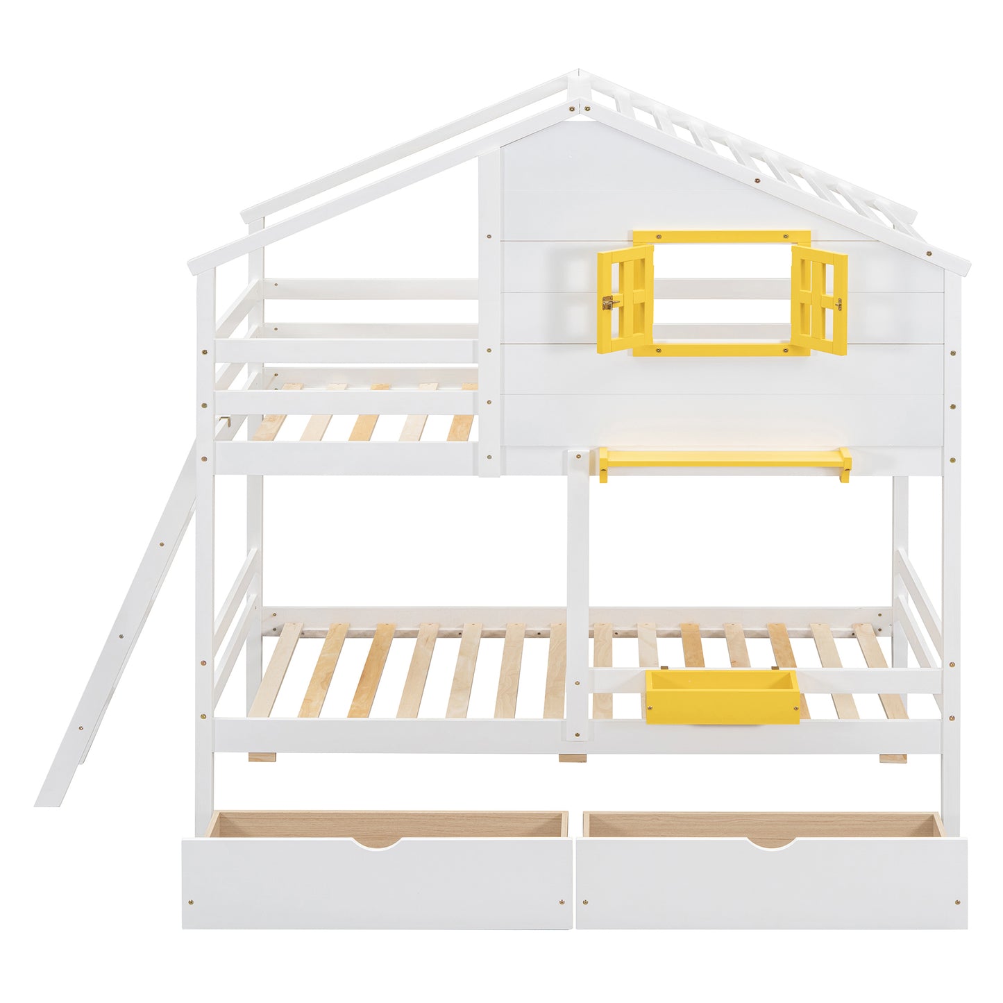 Twin over Twin Bunk Bed with 2 Drawers, 1 Storage Box, 1 Shelf, Window and Roof-White(OLD SKU:LT001608AAK)