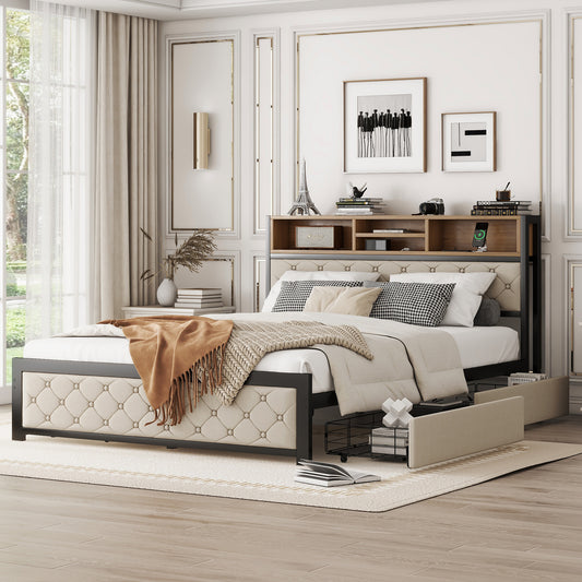 Metal Queen Size Platform Bed With 4 Drawers, Upholstered Headboard and Footboard, Sockets and USB Ports, Beige