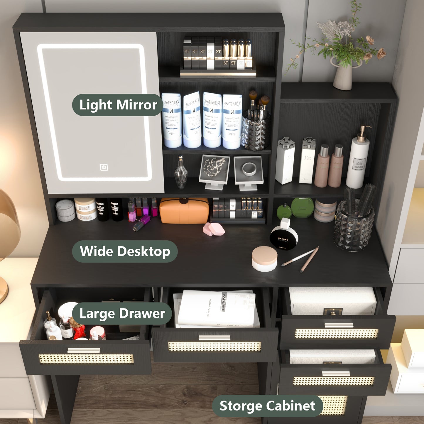 Makeup Vanity with Lights in 3 Colors & Openable Mirror, Vanity Desk with 4 Drawers & 1 Cabinets & Shelves, Vanity Table Rattan Vanity Dresser, for Bedroom