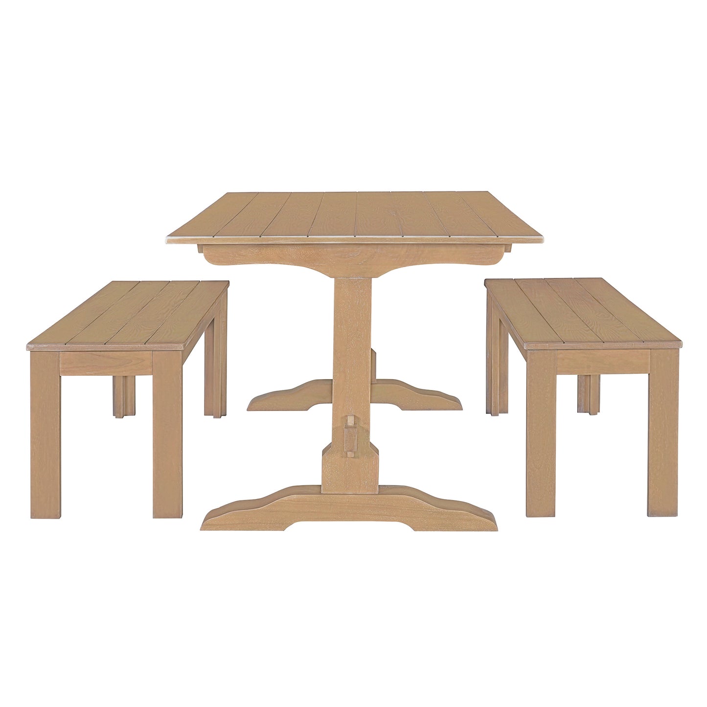 TREXM 3-Piece Retro Dining Set, Rectangular Trestle Table and 2 Wooden Benches for 4 People for Dining Room and Kitchen (Natural Wood)