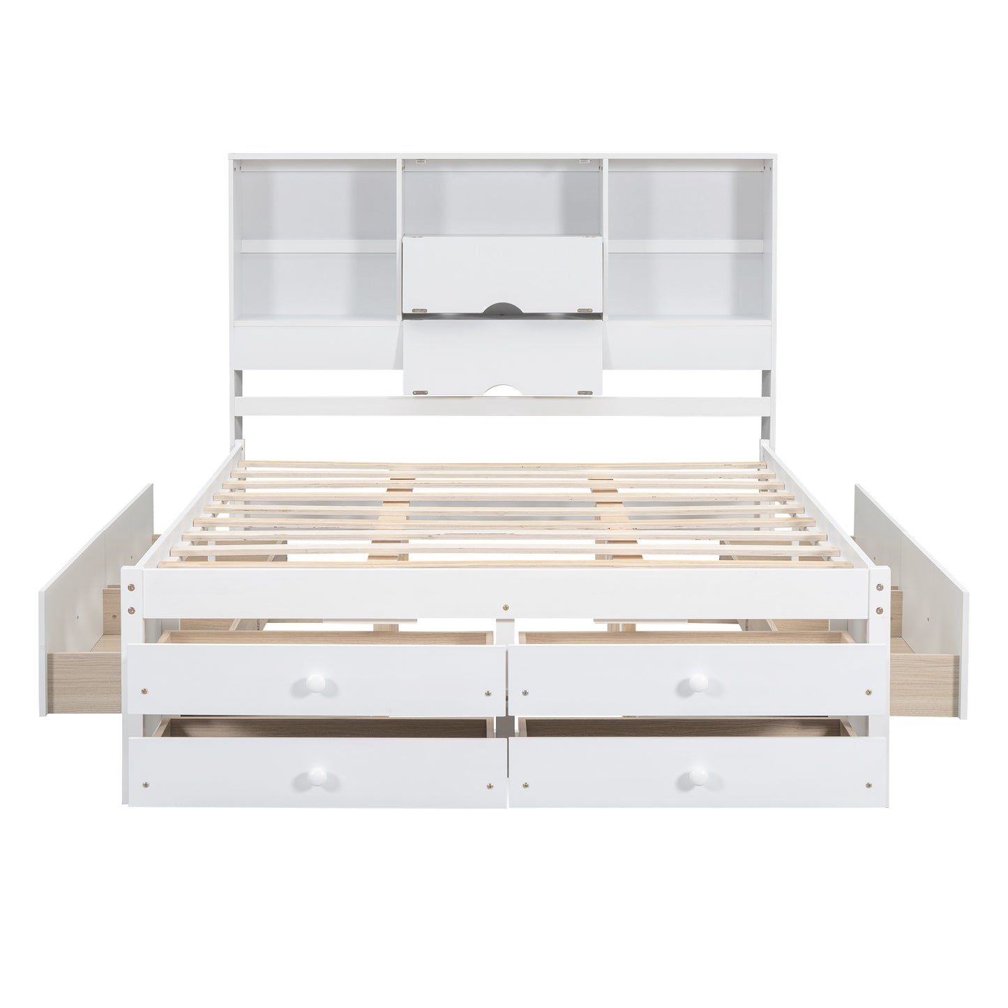 （缺货）King Size Platform Bed with Storage Headboard and 8 Drawers, White