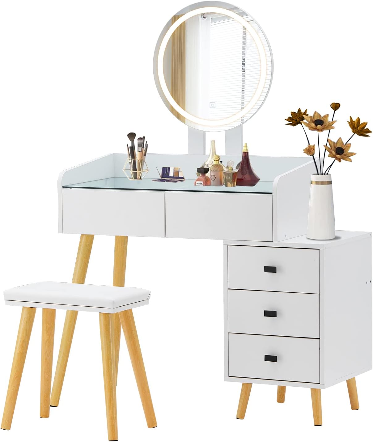 Dressing Table with LED Lights Glass Top Dressing Table with Extendable Side Table 5 Drawers Dressing Table with Mirror and Stool for Bedroom