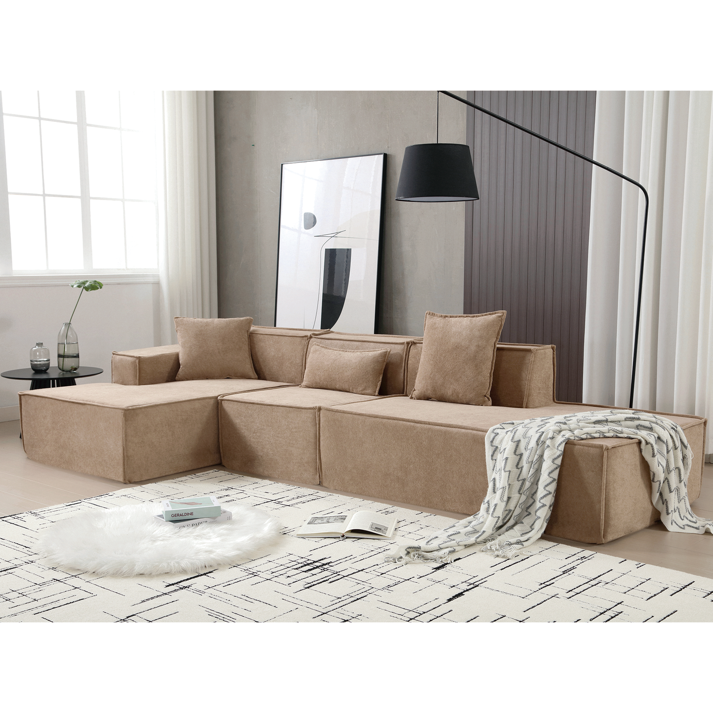 Modular combination living room sofa set, modern minimalist sofa, free installation sofa, L-shaped, Italian minimalist tofu block sofa, Left-Hand Facing, Light Brown