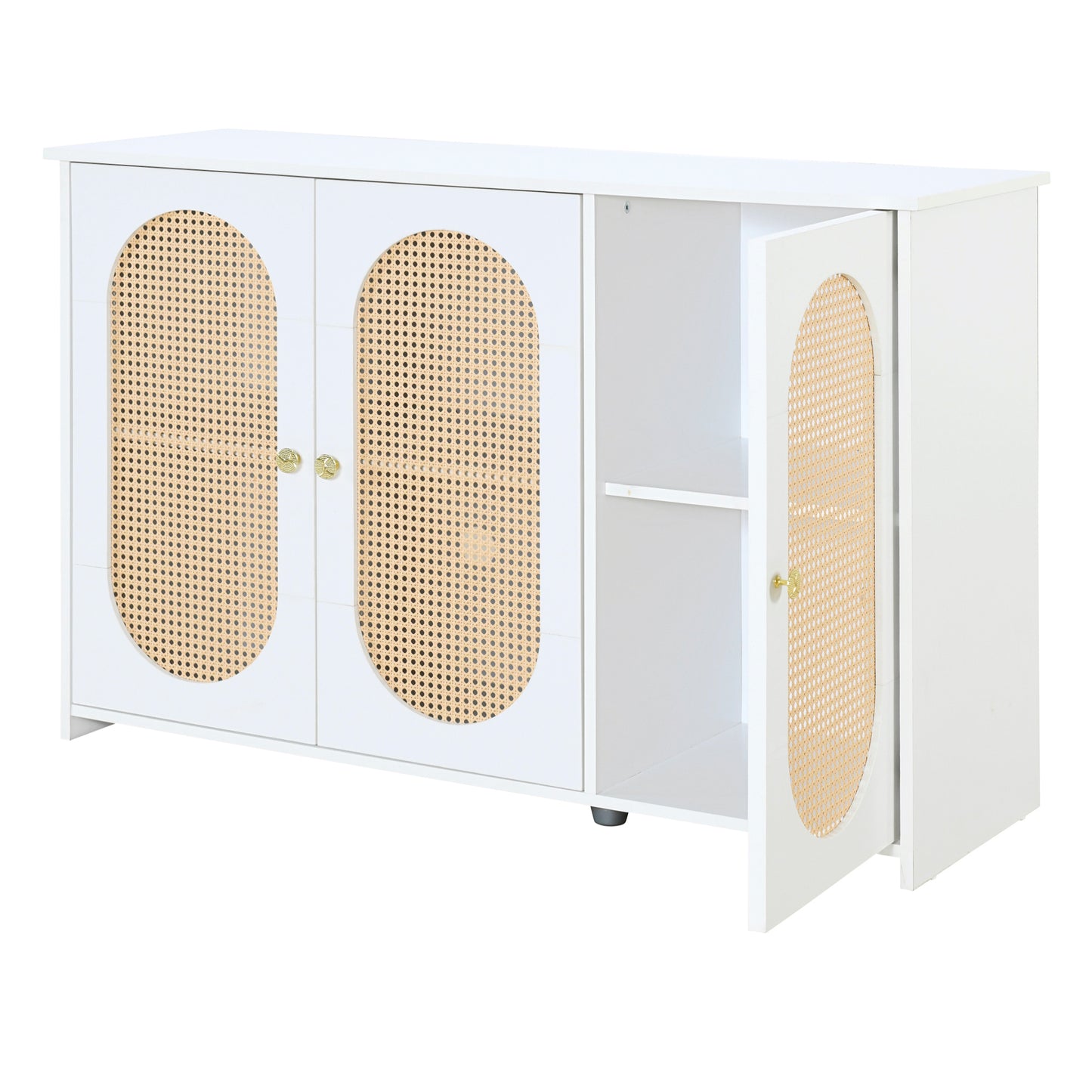 TREXM Retro 3-Door Sideboard with Large Storage Space Artificial Rattan Doors and Metal Handles, Accent Cabinet for Living Room and Hallway (White)