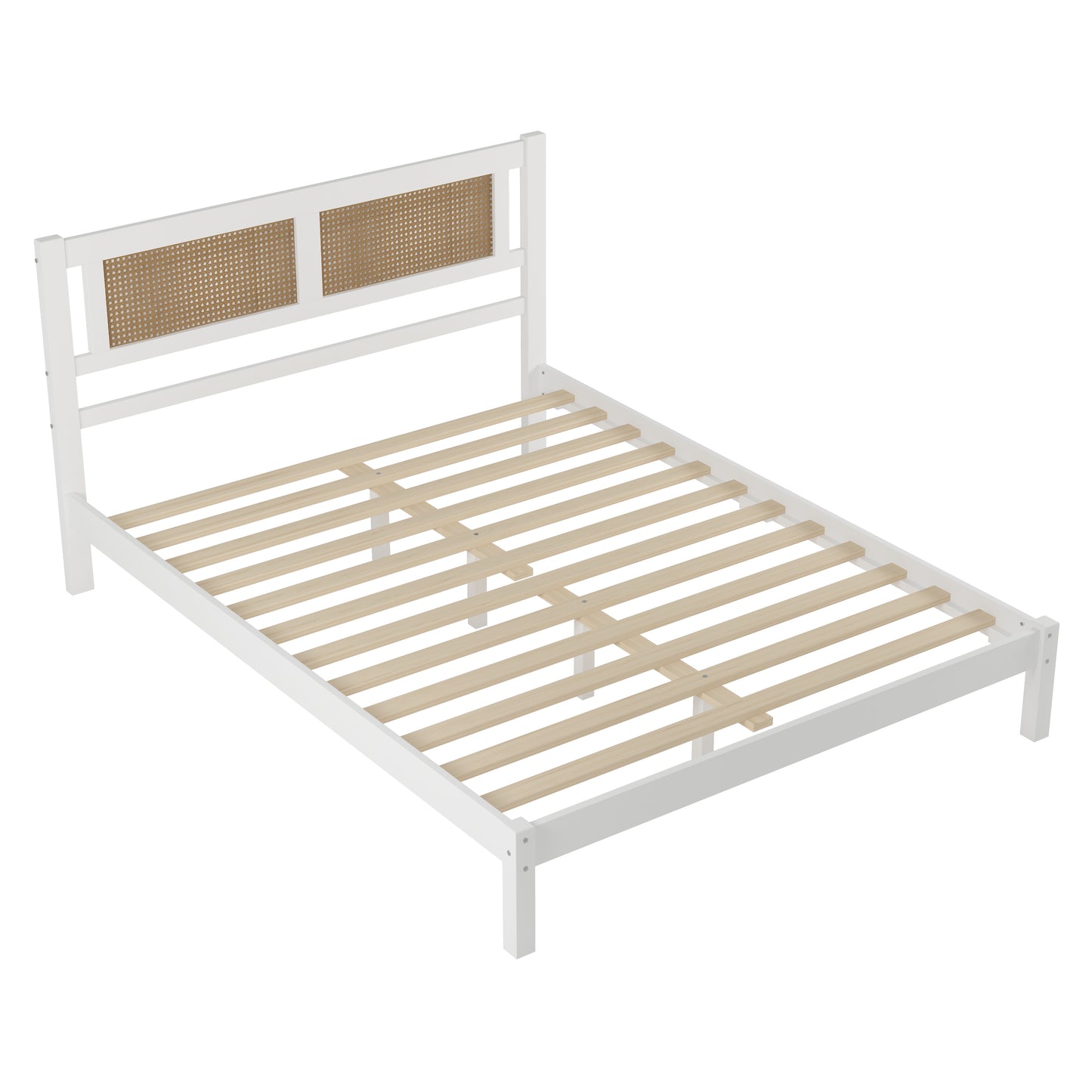 3-Pieces Bedroom Sets Queen Size Wooden Platform Bed with Natural Rattan Headboard, Nightstands Set of 2 with Rattan-Woven Surfaces and Three Drawers for Bedroom, White