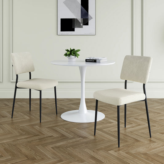 （缺货）Modern beige simple velvet dining chair fabric upholstered chair Home bedroom stool back dressing, white round table set, chair black metal legs (set of 3)