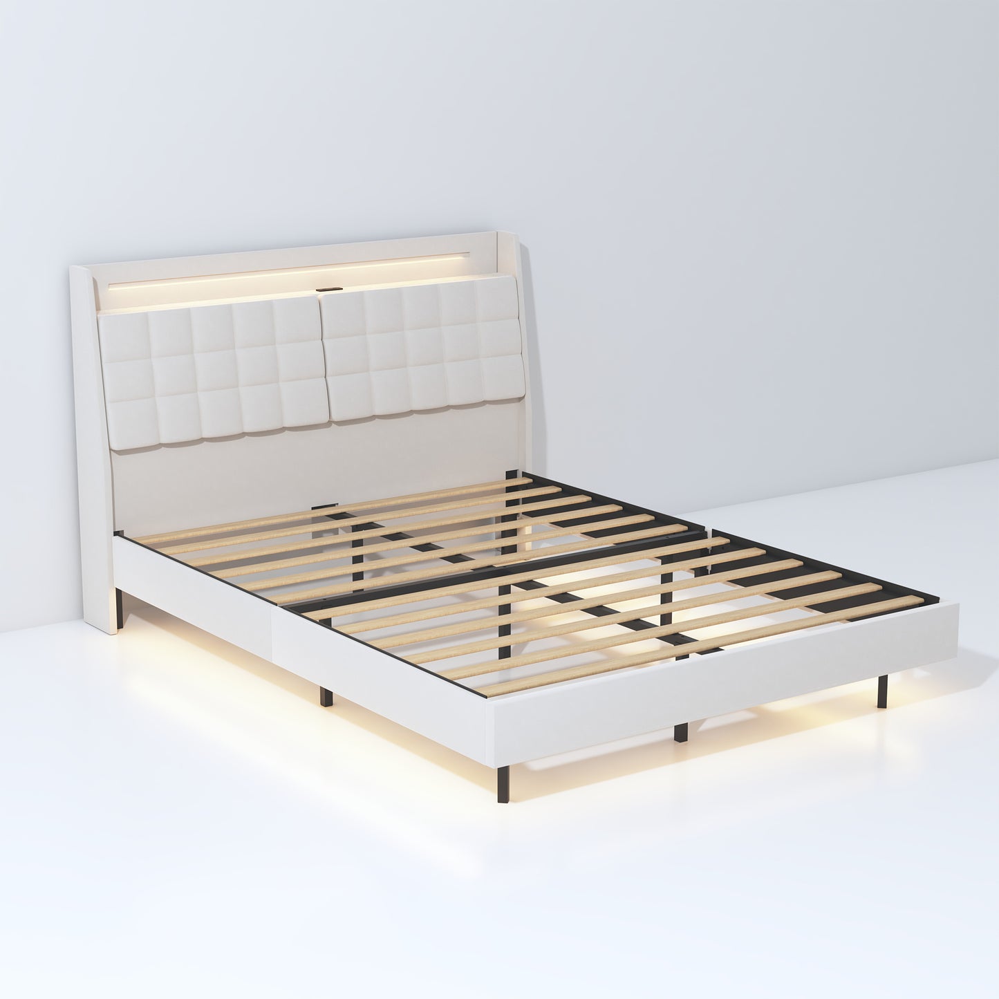 （预计9.18~9.25到货，同款queen size有货）King Floating Bed Frame with LED Light and Charging Station Upholstered Platform Bed Frame King Size with Headboard and Hidden Storage Space, No Box Spring Needed, Beige