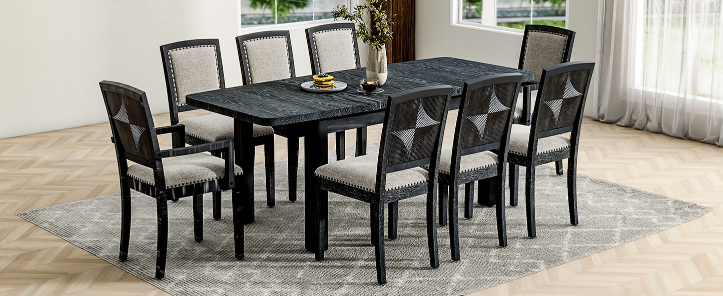 TOPMAX Rustic Extendable 84inch Dining Table Set with 24inch Removable Leaf , 6 Upholstered Armless Dining Chairs and 2 Padded Arm Chairs, 9 Pieces, Black