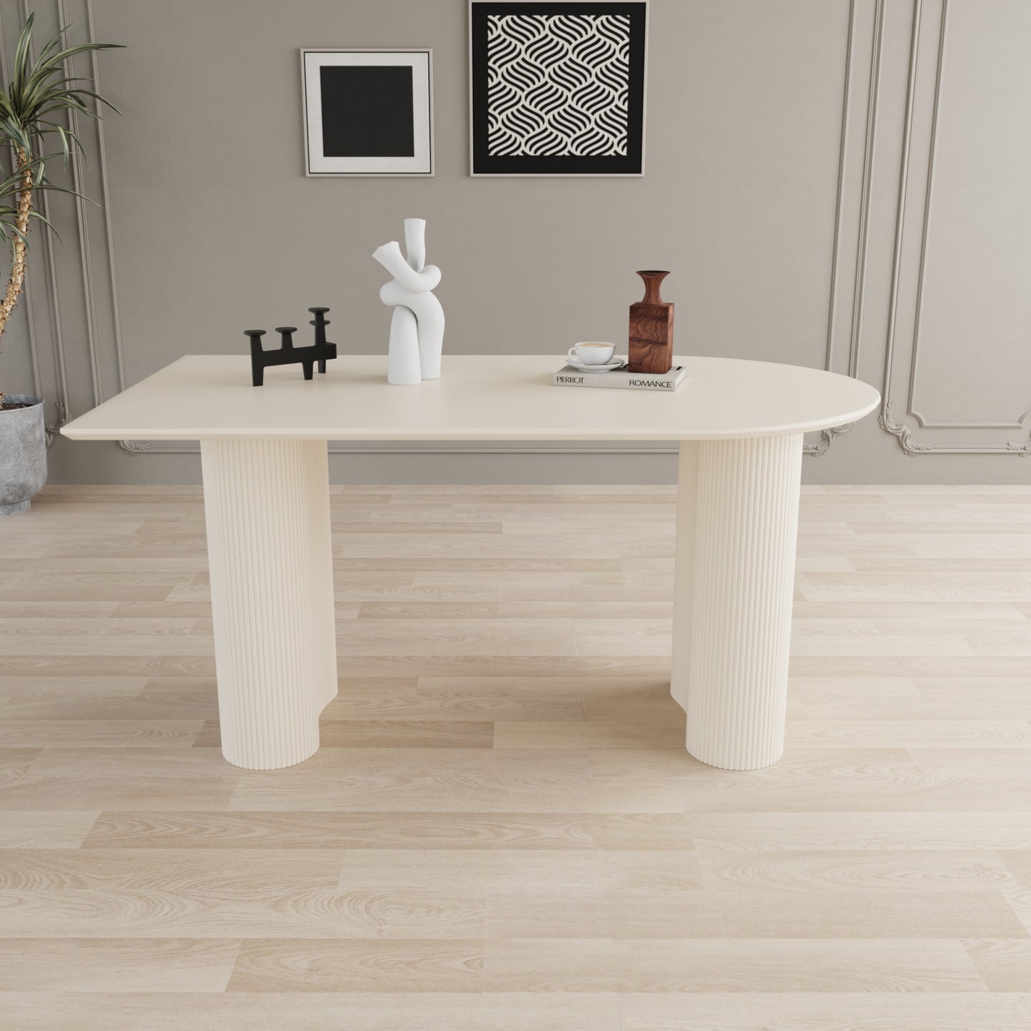 63 "Modern Fashion MDF New Cream Style Coffee Table and Irregular Side Table, 4-8 Person Dining Table, Thick Engineering Wood Round Wave Table Legs, Home Kitchen Thick Elegant Cream White Table Top