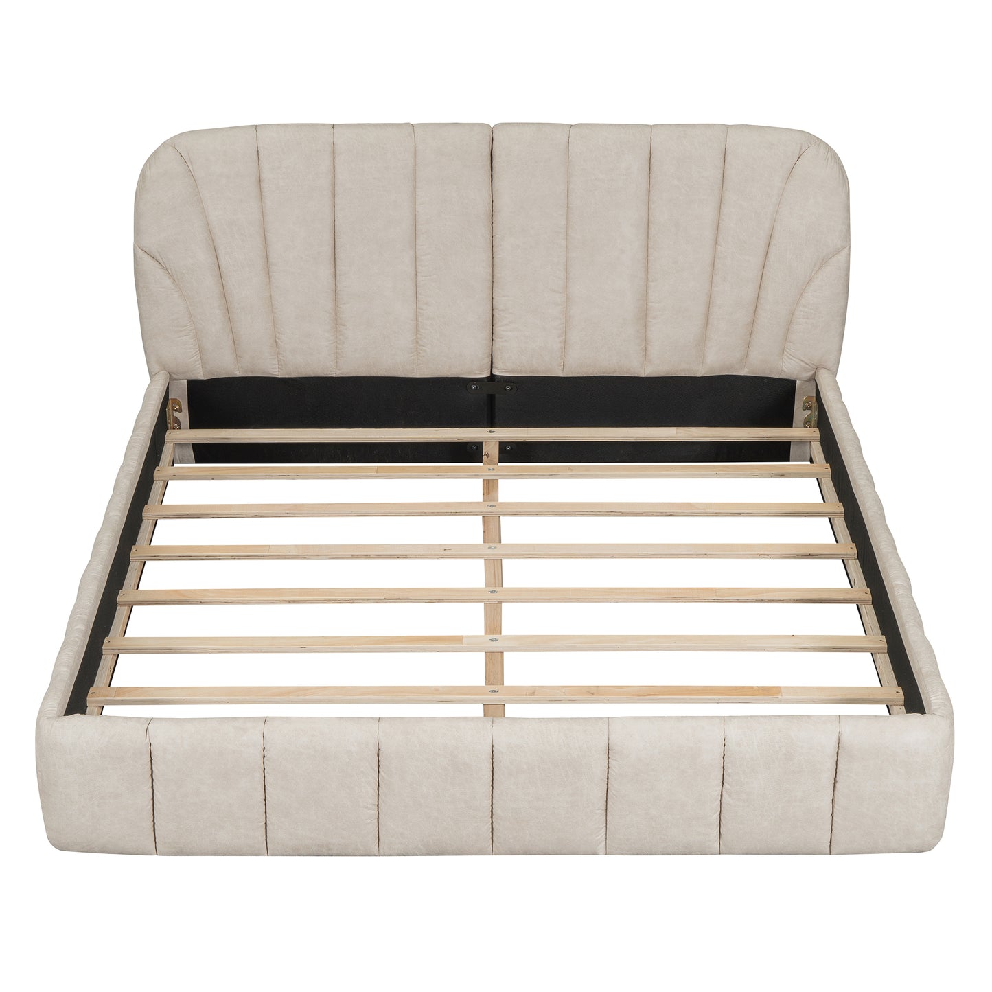 Queen Size Upholstered Platform Bed with Thick Fabric, Polyester, Beige