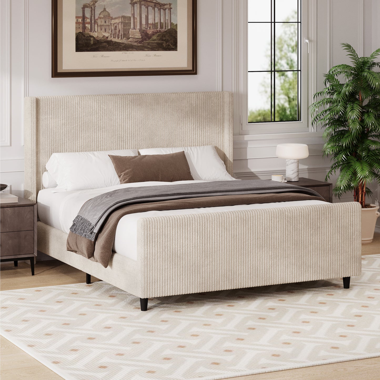 （9.17-9.24补货）50.7'' High Headboard Corduroy Upholstered Bed Frame with Vertical Stripe Wingback and High Footboard No Box Spring Needed, King Size, Cream