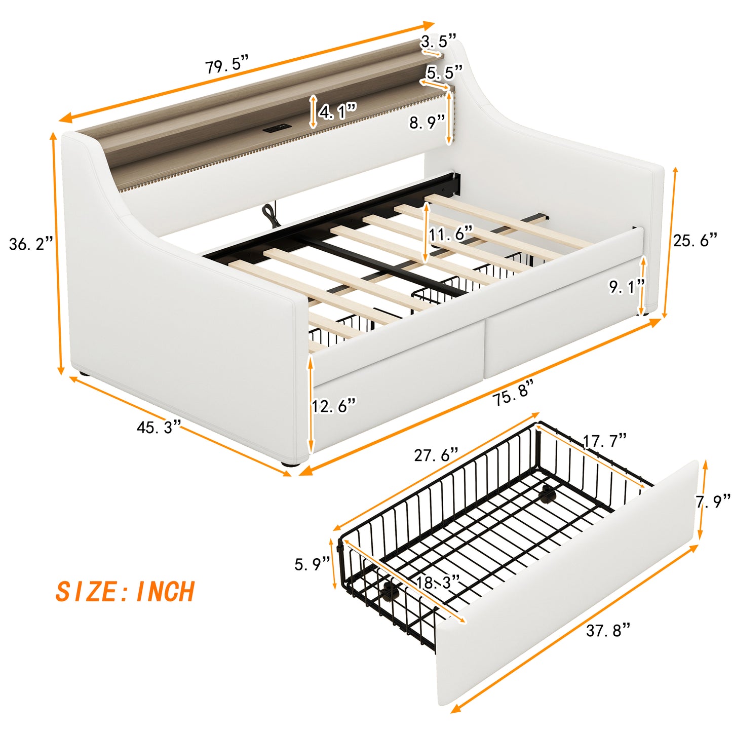 Twin Size Daybed with Storage Drawers, Upholstered Daybed with Charging Station and LED Lights, White