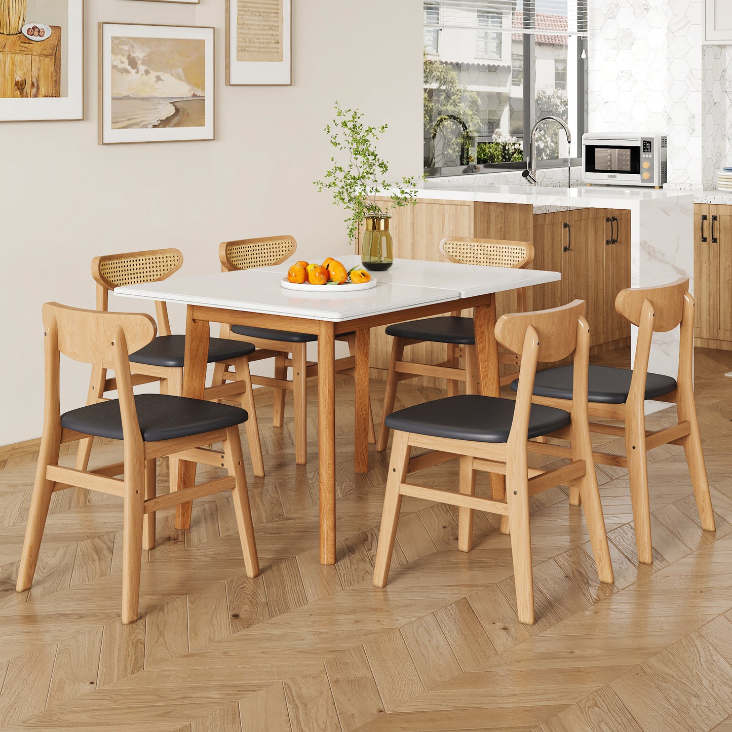 Table and chair set. White sintered stone tabletop, rubberwood legs, foldable computer desk, foldable desk. Solid wood dining chair with small curved backrest and PU cushions. ZD-1545 DX-2361