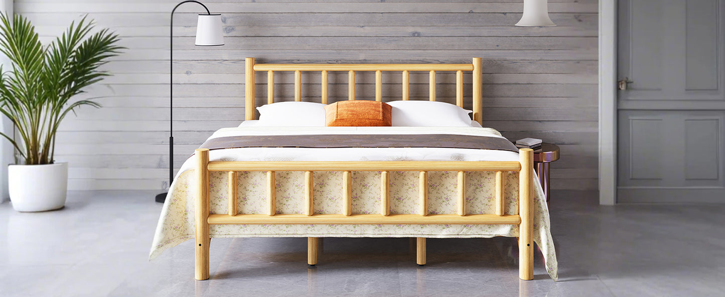 Farmhouse Log Bed Frame King Rustic Style Pure Solid Pine Cylinder Construction Bed Fits Mattresses and Box Springs, Natural Finish