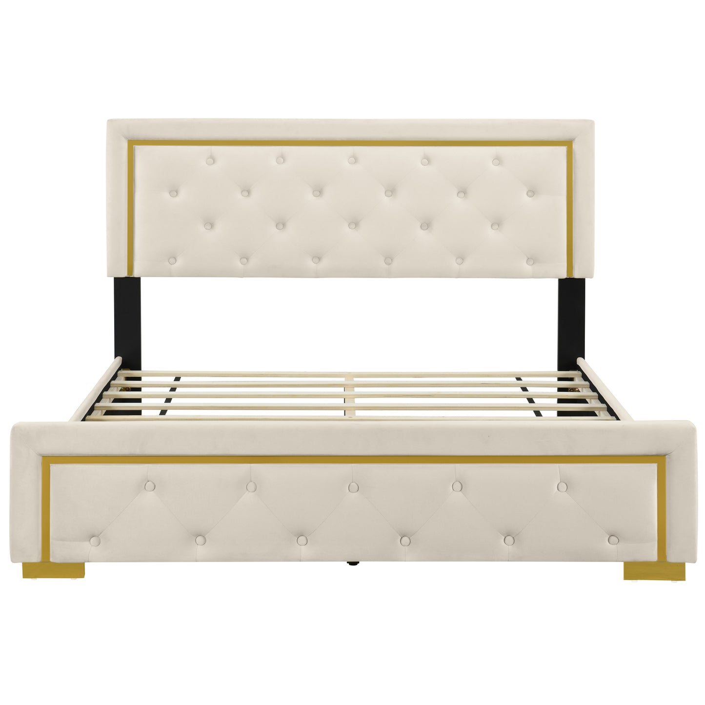 Queen Size Upholstered Platform Bed With Pull Point Headboard And Metal Wire Frame At The Head And Foot Of The Bed, Metal Feet, Velvet, Beige