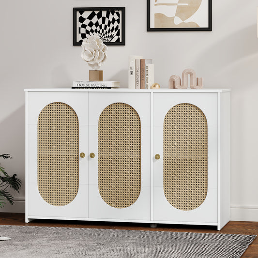 TREXM Retro 3-Door Sideboard with Large Storage Space Artificial Rattan Doors and Metal Handles, Accent Cabinet for Living Room and Hallway (White)