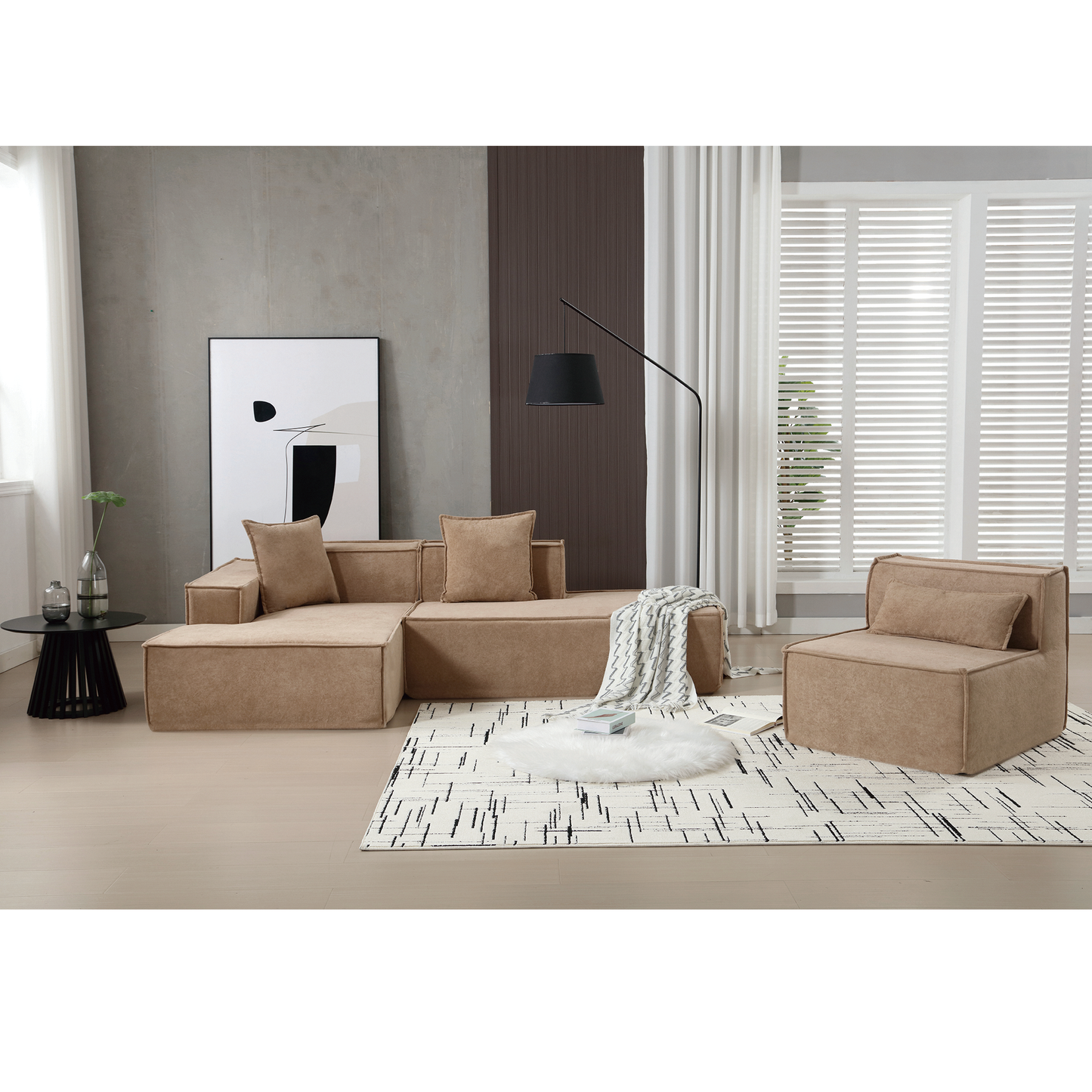 Modular combination living room sofa set, modern minimalist sofa, free installation sofa, L-shaped, Italian minimalist tofu block sofa, Left-Hand Facing, Light Brown