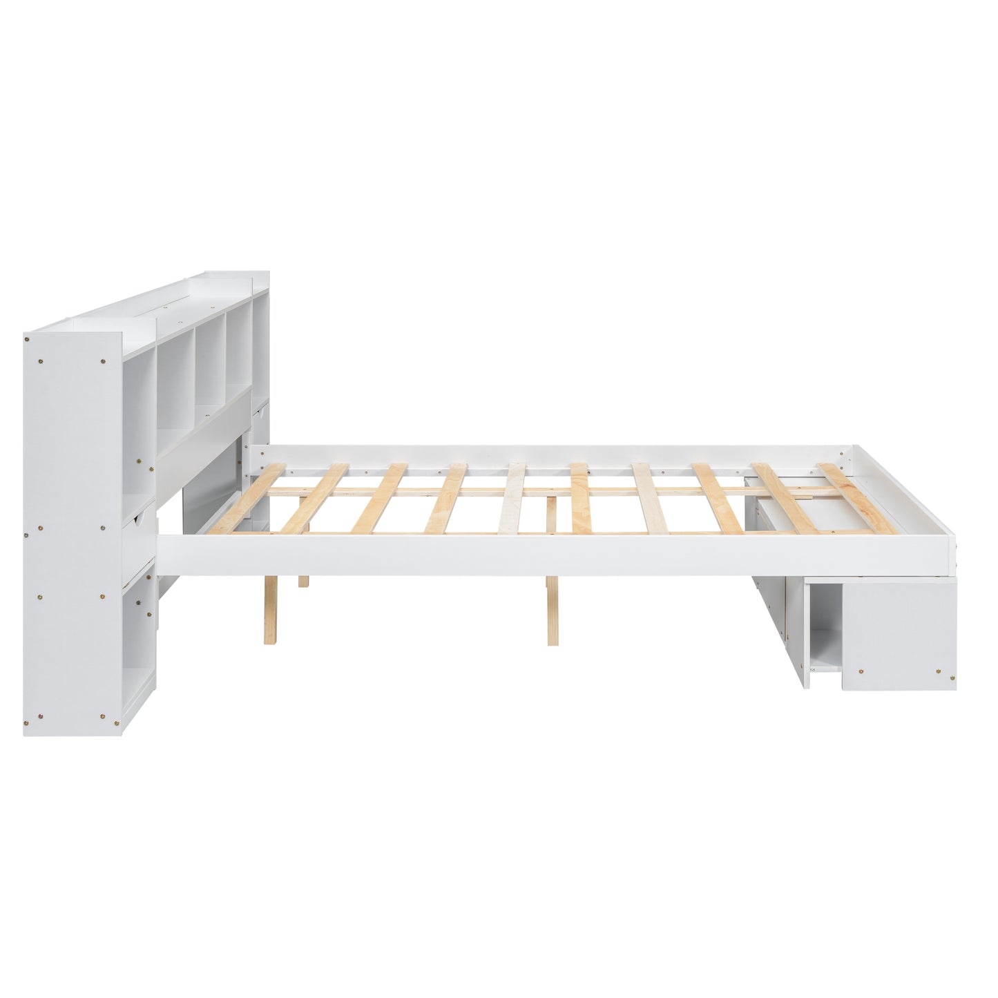 Queen Size Wood Platform Bed with Multi-storage Headboard and a Drawer, White