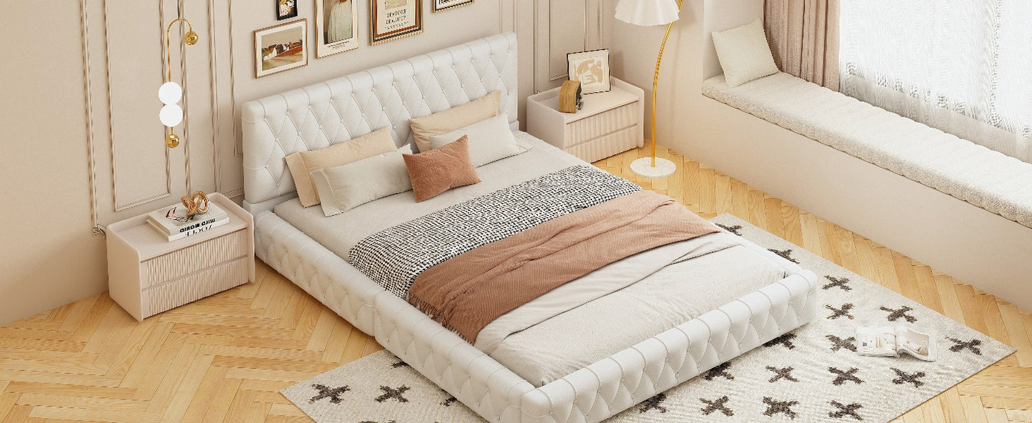 Queen Size Upholstered Bed with Tufted Headboard, Modern Velvet Platform Bed , No Box Spring Required, White