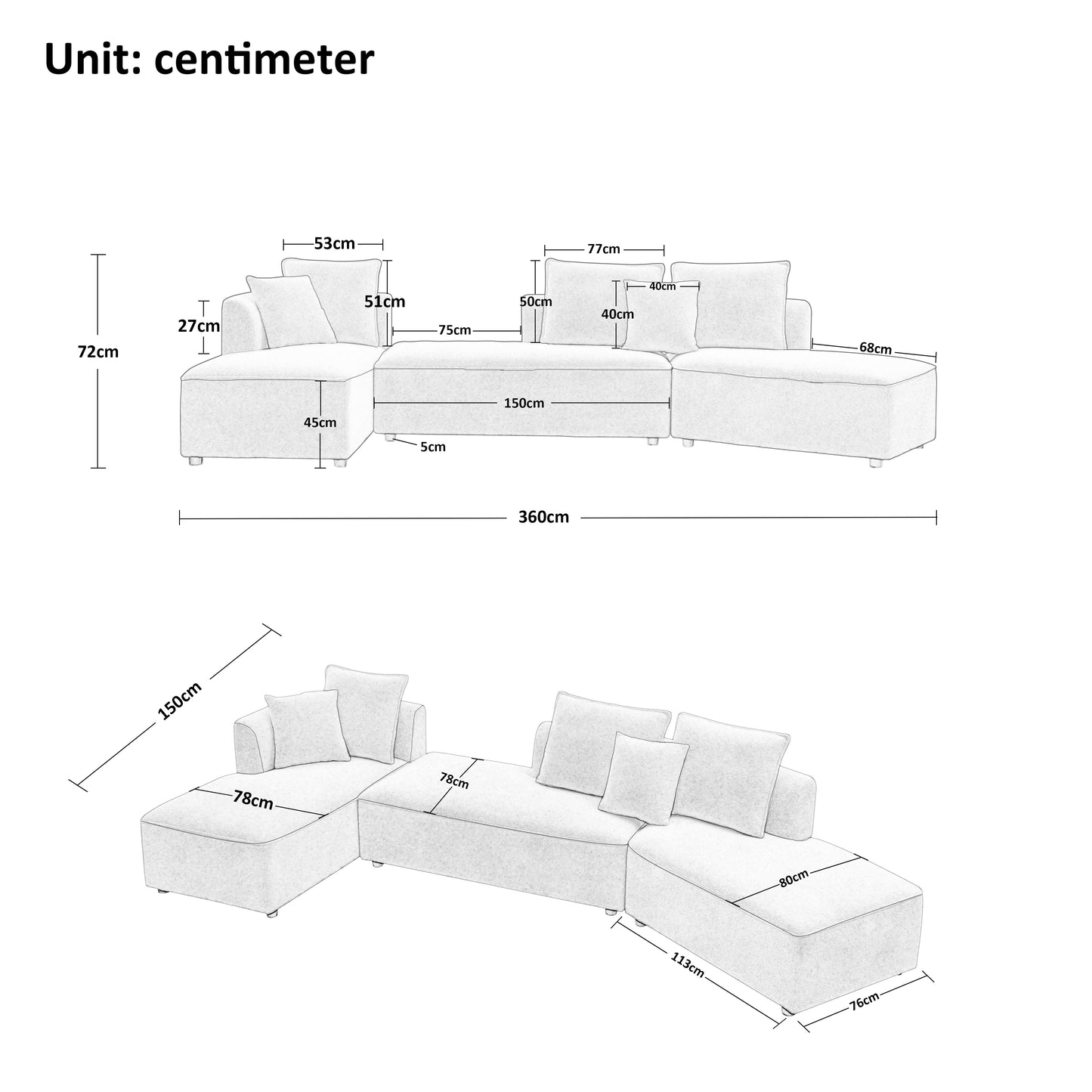 （缺货）Curved Modular Sectional Sofa for Living Room, Oversized L Shaped Couch with Chaise Lounge Sofa Set, Upholstered Sofa with 3 Back Pillows & 2 Throw Pillow, for Home Office, Beige