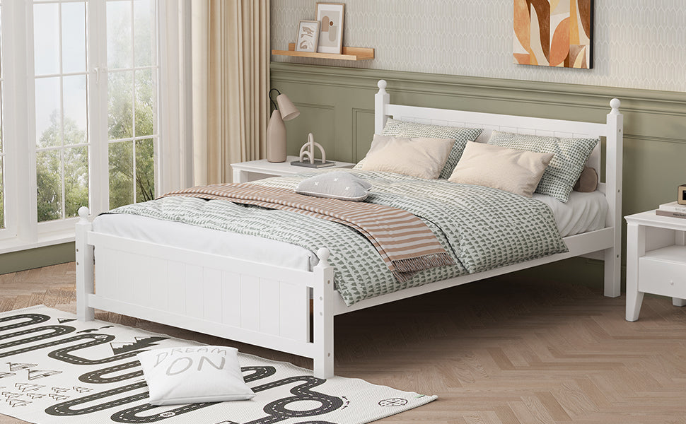 Queen Size Solid Wood Platform Bed Frame for Kids, Teens, Adults, No Need Box Spring, White