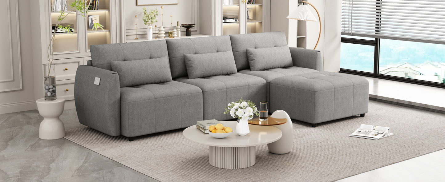 113.3" Convertible Sectional Sofa Couch 3-Seat L-Shaped Sofa with Movable Ottoman and USB for Apartment, Living Room, Bedroom, Grey