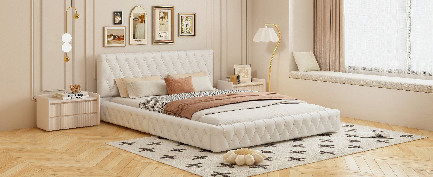 Queen Size Upholstered Bed with Tufted Headboard, Modern Velvet Platform Bed , No Box Spring Required, White