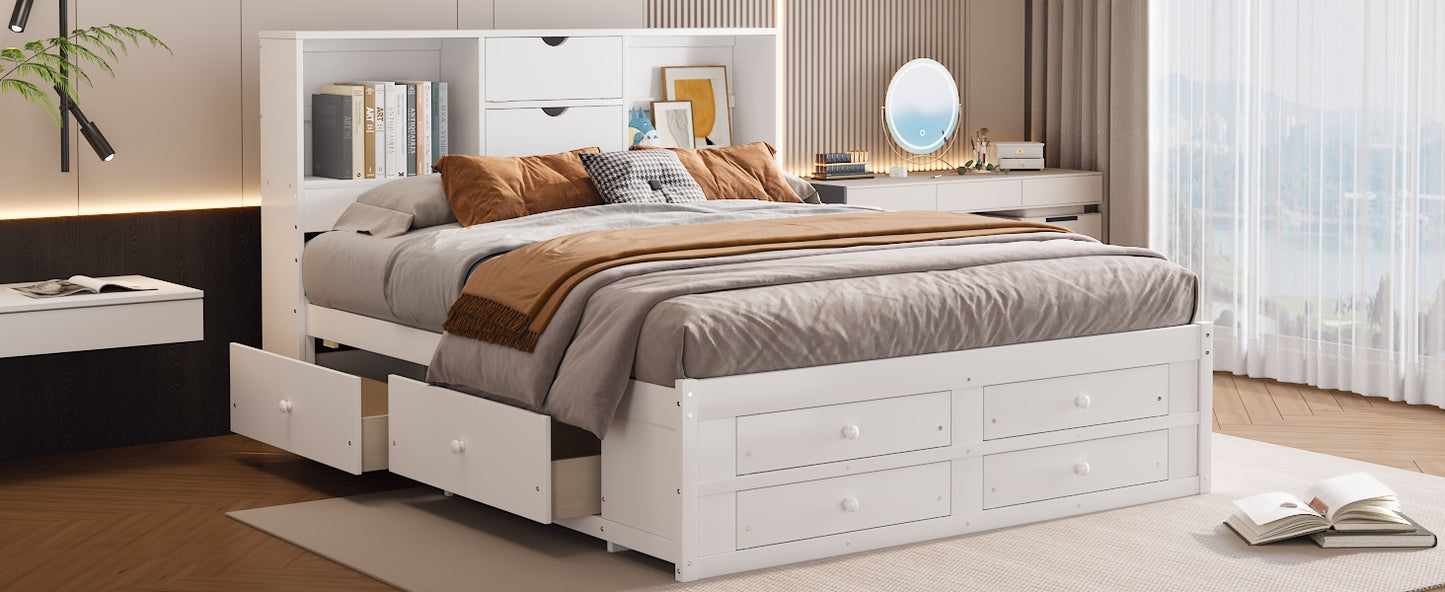 （缺货）King Size Platform Bed with Storage Headboard and 8 Drawers, White