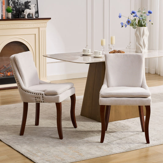 （预计12.29-1.5到货）Modern Dining Chairs Set of 2,Double-layer Cushioned Chenille fabric Upholstered Accent Side Leisure Chairs with Mid Back and Curved Solid Wood Legs for Living Room/Dining Room-Beige