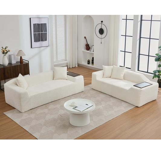 [NEW ARRIVED] [VIDEO PROVIDED]2 Piece Boucle Cloud Sofa Set, Upholstered Sofa Set, Modern 3 Seater and 2 Seater Sofa with MDF End Table for Living Room ,Apartment,3+2 couch,Boucle,Beige