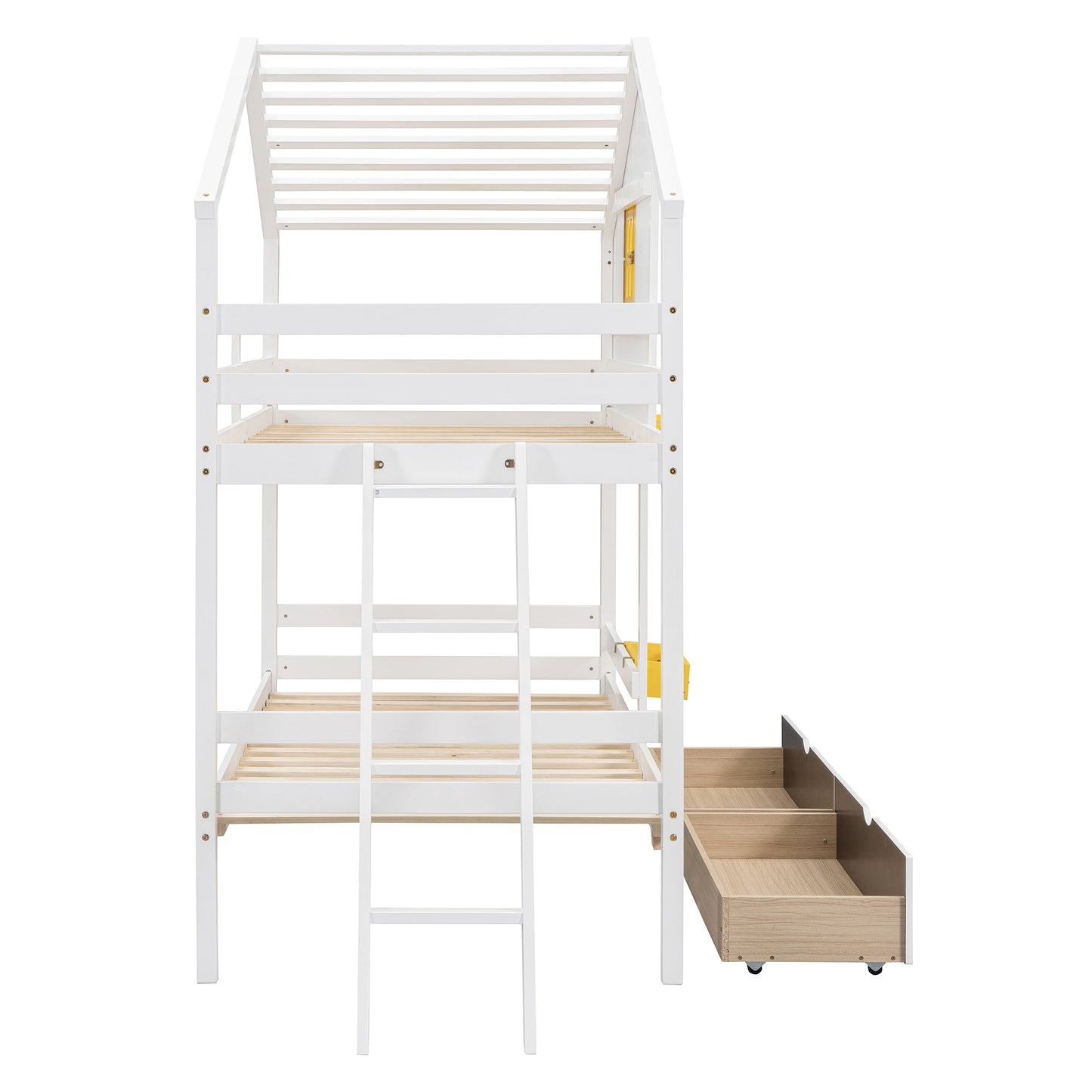 Twin over Twin Bunk Bed with 2 Drawers, 1 Storage Box, 1 Shelf, Window and Roof-White(OLD SKU:LT001608AAK)