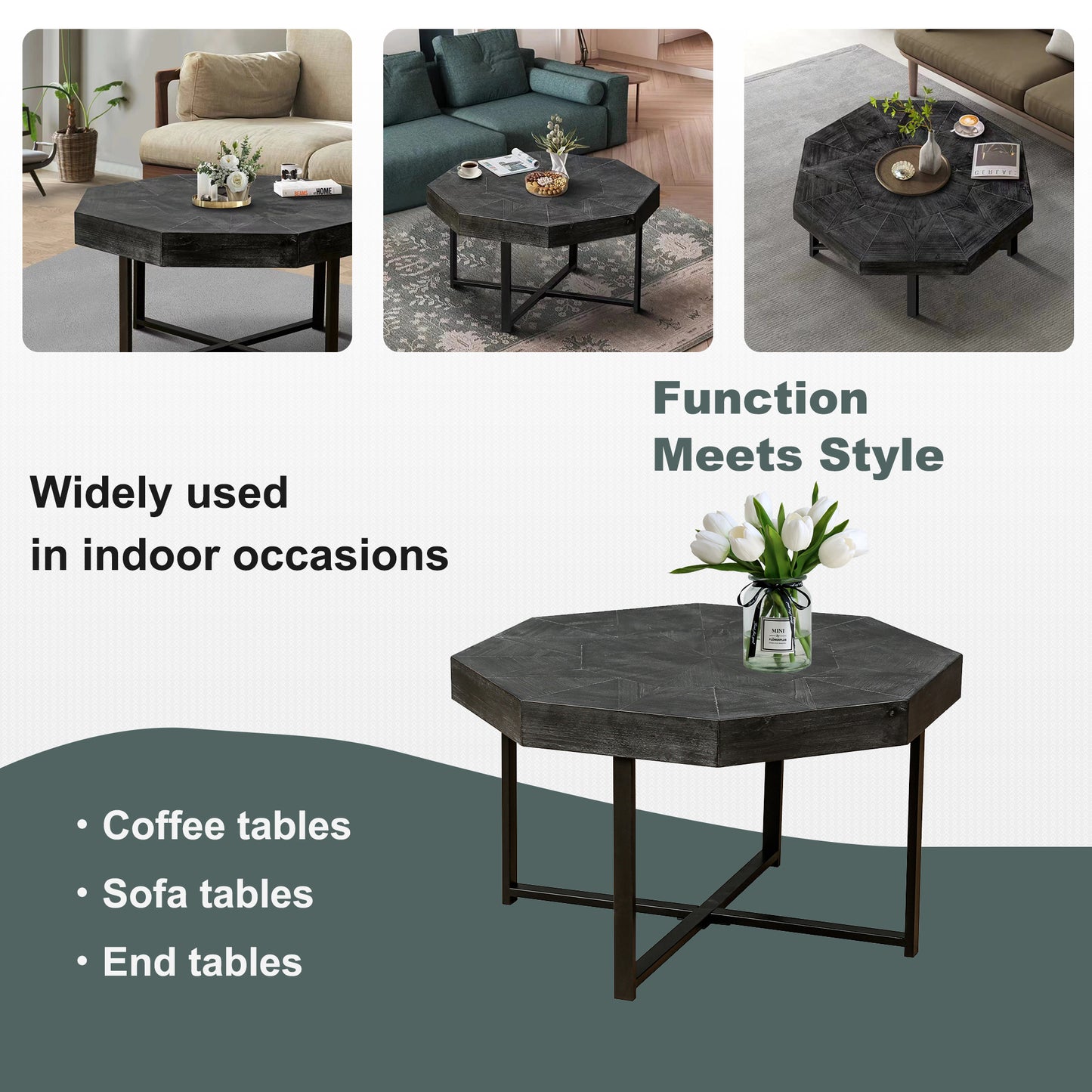 Wood Octagonal Vintage Patchwork Craft Farmhouse 30 Inch Wooden Table Top Cross Metal Legs Coffee Table for Living Room(Antique Black)