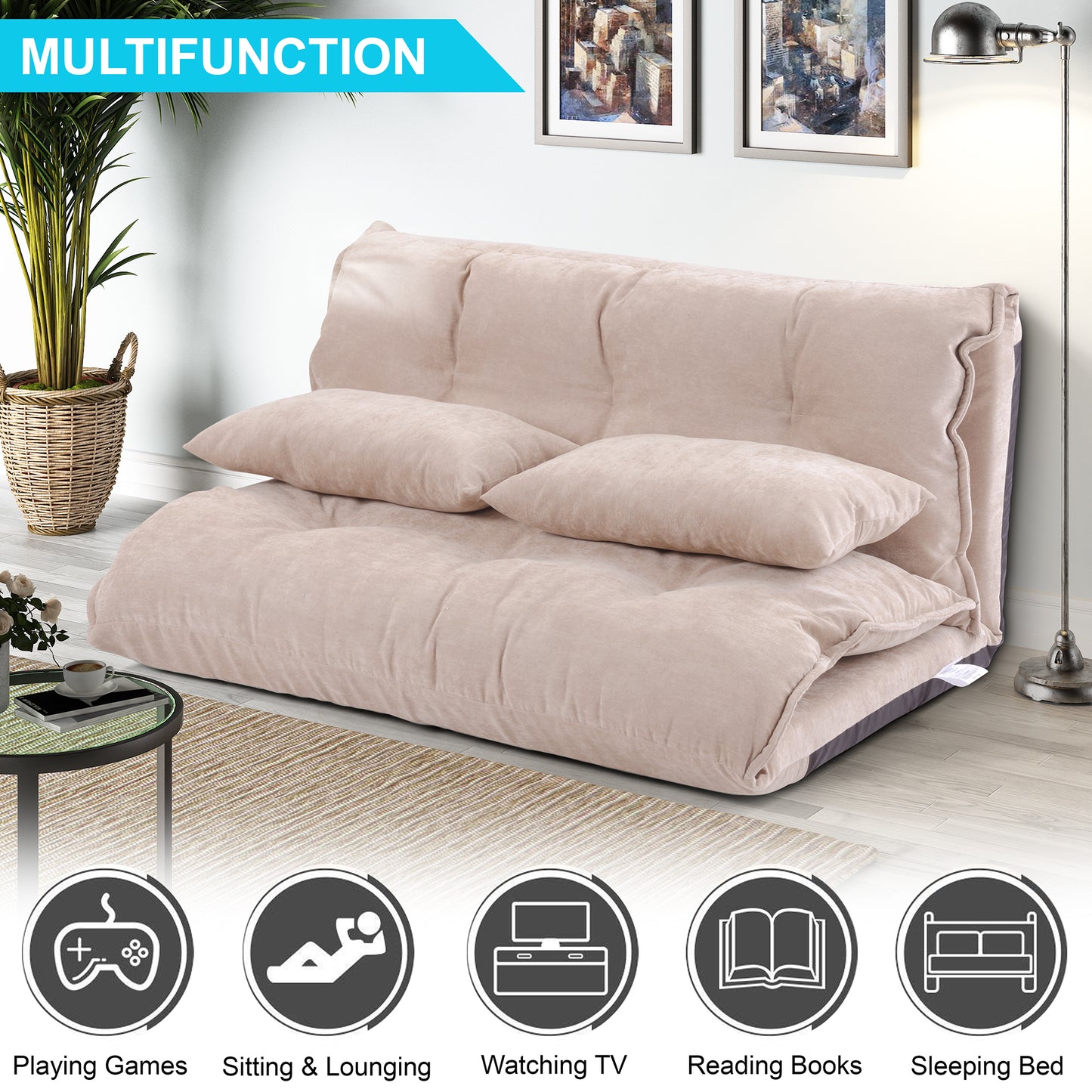 （缺货）Orisfur. Lazy Sofa Adjustable Folding Futon Sofa Video Gaming Sofa with Two Pillows