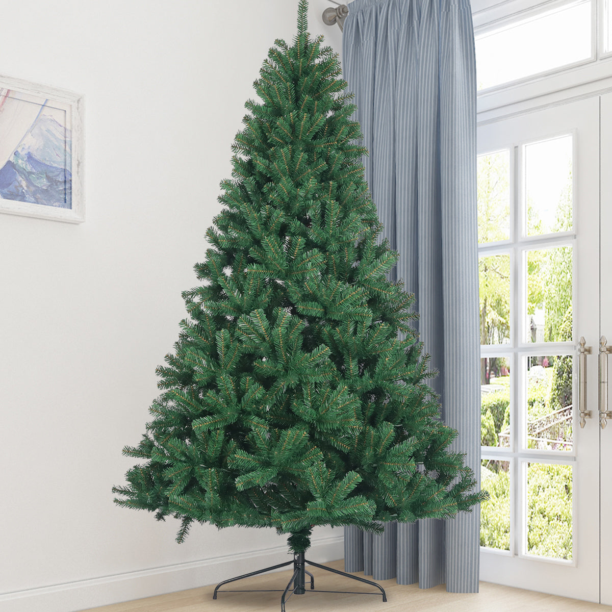 Artificial Christmas Tree Full Natural Spruce PVC Fir Tree 7.5ft Foldable Metal Stand Unlit Green