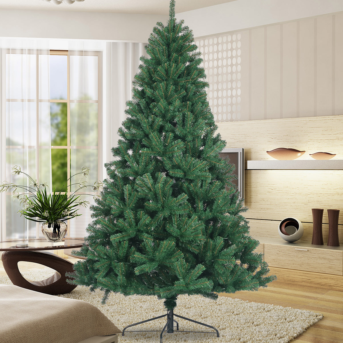 Artificial Christmas Tree Full Natural Spruce PVC Fir Tree 7.5ft Foldable Metal Stand Unlit Green